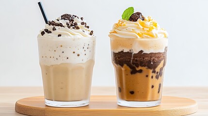 Creamy Iced Coffee Drinks with Whipped Cream and Chocolate Toppings