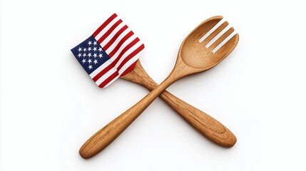 Crossed Wooden Spoon and Fork with Small American Flag