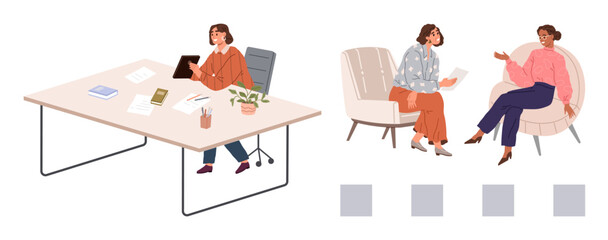 Two professional women discussing ideas in chairs, another working at a desk with documents, tablet, and plant. Ideal for teamwork, productivity, office life, business meetings, collaboration