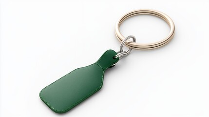 Dark Green Leather Keychain with Gold Ring on White