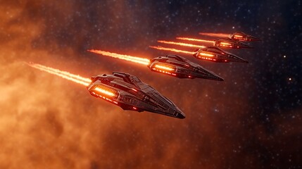Dark Spaceships Flying Through Fiery Orange Nebula