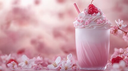 Delicate Pink Milkshake with Raspberry and Cherry Blossoms