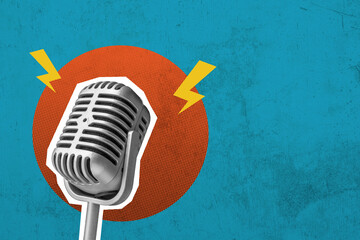 Vintage microphone on a colored background. Collage art