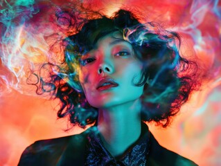 Surreal portrait of woman with exaggerated features liquid hair and cosmic dreamlike aura