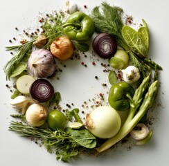 Fresh Organic Vegetables and Herbs Arranged in a Circular Pattern on a Light Background for Food Photography