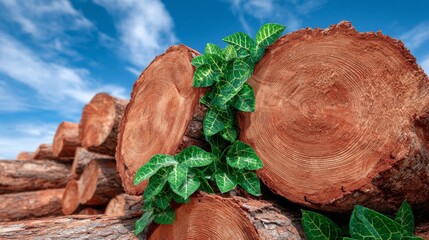 A stack of newly chopped wood rests in a dense green woodland where sunbeams filter through the foliage, providing insight into the recurring pattern of life and resource utilization