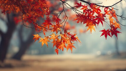Scarlet Tangerine Autumn Leaves Serene Park Macro Blurred Grassy Background
