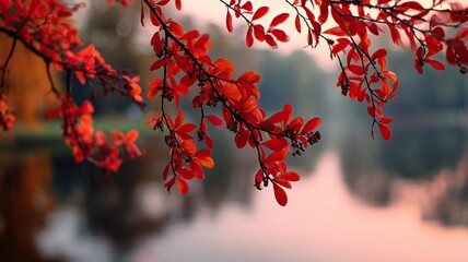 Autumn Branch Carrot Leaves Lake Reflection Blur Soft Evening Light
