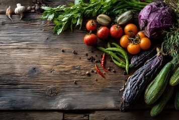 Fresh Organic Vegetables and Herbs Arranged on Rustic Wooden Table with Colorful Tomatoes, Peppers, and Greens in Natural Lighting