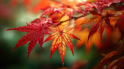Autumn Tree Leaves Garden Macro Red Gold Dew Shallow Focus Serene
