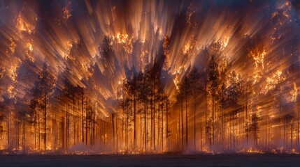 Fototapeta premium Destruction caused by wildfire in a dense forest at sunset with flames and charred trees