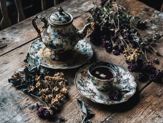 Whimsigothic tea set with dark florals and mystical porcelain on antique table with dried flowers