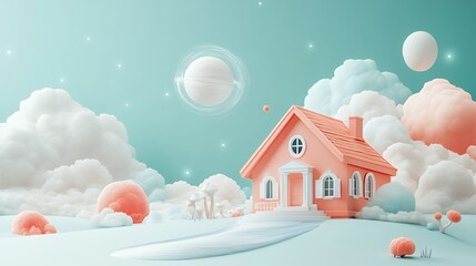 Dreamy Pastel Pink House in a Fluffy Cloud Landscape
