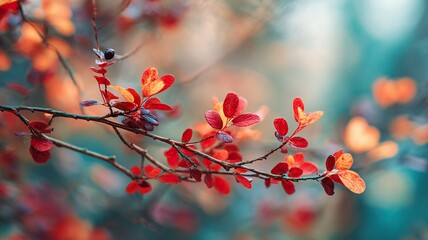 Red Saffron Autumn Leaves Botanical Setting Branch Closeup Blurred Flowers
