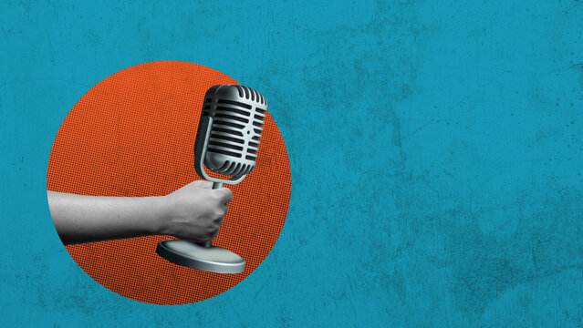 Human hand holding vintage microphone on a colored background. Collage art