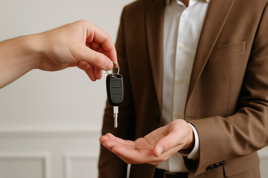 hand passing car key to designated driver, symbolizing responsible decision to hire driver when consuming alcohol promoting drunk driving prevention and safety awareness for accident risk reduction.