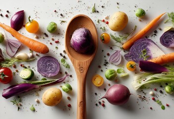 Fresh Organic Vegetables Arranged Artistically with Wooden Spoon on Light Surface for Healthy Cooking and Culinary Inspiration