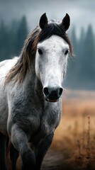 Obraz premium Majestic gray horse walking through golden fields with forest backdrop during early morning light