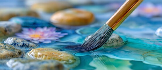 Fototapeta premium On a plate, a paintbrush is utilized to creatively combine various mediums, including oil paint and foam