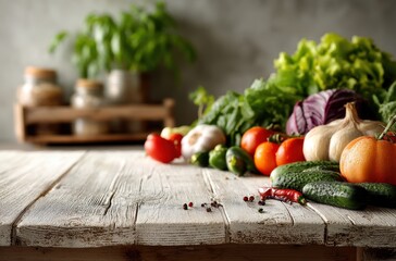 Fresh Organic Vegetables Arranged Beautifully on a Wooden Table with Greenery in Background Perfect for Healthy Eating and Culinary Inspiration