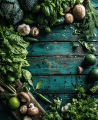 Fresh Organic Vegetables Arranged on Rustic Wooden Table for Healthy Cooking and Vegetarian Recipes with Vibrant Green Colors and Natural Texture