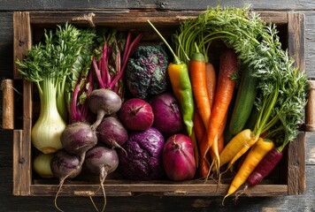 Fresh Organic Vegetables Arrangement in a Wooden Basket with Vibrant Colors and Varied Textures for Culinary and Healthy Lifestyle Inspiration