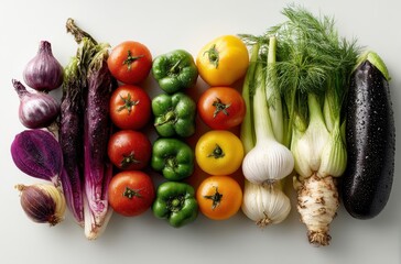 Fresh Organic Vegetables Displayed in a Horizontal Arrangement Featuring Colorful Onions, Tomatoes, Peppers, Garlic, Fennel, Eggplant, and More