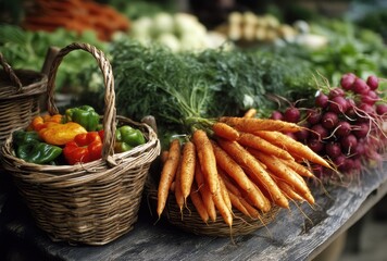 Fresh Organic Vegetables Displayed in Baskets on Rustic Wooden Table at Open-Air Market with Colorful Fruits and Vegetables in Background