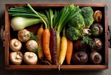 Fresh Organic Vegetables Displayed in Wooden Box, Including Broccoli, Carrots, Shiitake Mushrooms, Green Onions, and More