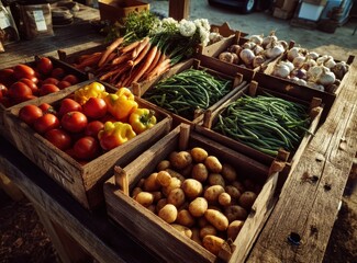 Fresh Organic Vegetables Displayed in Wooden Crates at Outdoor Market with Sunlight and Rustic Ambiance