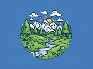 Obraz premium A digital illustration captures the tranquility of a mountain valley, with its river flowing in the foreground and rolling hills stretching out behind