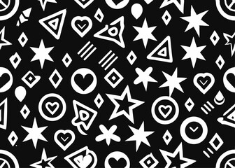 Unique seamless abstract pattern with Memphis black and white shapes. Features arrows, spirals, and stars for youth culture fashion or product branding.

