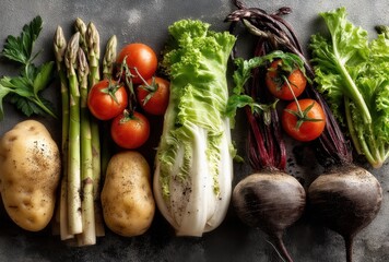 Fresh Organic Vegetables Displayed on Dark Rustic Surface with Bright Colors and Varied Textures Including Potatoes, Tomatoes, Asparagus, and Lettuce