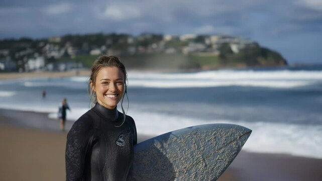 Surfer with Surfboard on Beach Smiling by Ocean Waves Sand Hills Background