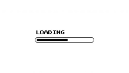 Black pixel art loading animation, 8-bit retro game start, download bar screen