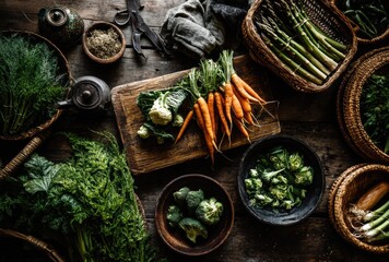 Fresh Organic Vegetables Displayed on Rustic Wooden Table Surrounded by Natural Elements and Kitchen Utensils for Healthy Cooking Inspiration