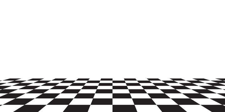Checkerboard, chessboard, checkered plane in angle perspective. Tilted, vanishing empty floor.