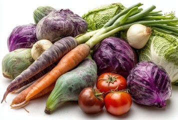 Fresh Organic Vegetables Displayed on White Background Featuring Cabbage, Carrots, Onions, Tomatoes, and Purple Varieties for Healthy Cooking