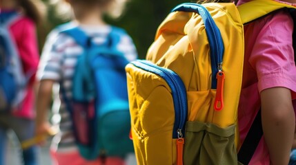 Close-Up of Colorful Elementary Student Backpack with School Supplies, Zipper Details and Texture for Back to School Concept, Brand Placement Space, Childhood Education Accessory