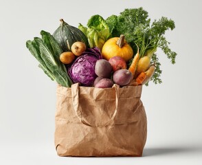 Fresh Organic Vegetables in a Brown Paper Bag Featuring Colorful Produce Including Carrots, Potatoes, and Leafy Greens