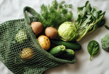 Fresh Organic Vegetables in a Green Mesh Bag on a Light Background with Broccoli, Zucchini, Potatoes, Cabbage, and Spinach Ready for Cooking