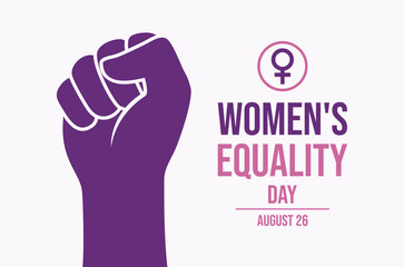 Women's Equality Day poster vector illustration. Female raised hand with clenched fist vector. Fist raised in protest purple silhouette icon. Template for background, banner, card. 26 August