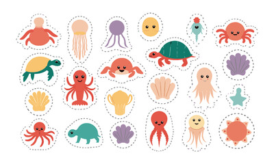 Design a clean and playful vector icon set featuring a variety of ocean-themed creatures, and elements, including sea turtles, jellyfish, lobsters, seashells, crabs, seahorses, easily editable.