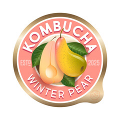 Kombucha label. Pear flavor. Circle label for refresh drink with letters and pears fruits inside.