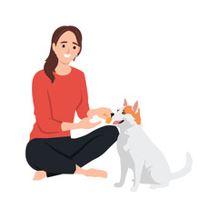 Woman Feeding Her Dog a Treat. Flat vector illustration isolated on white background