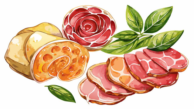 Elegant watercolor brushstrokes illustrate savory salami, artisanal ham, and paper-thin sliced cold cuts. Set against a white background, this tasteful design suits restaurant menus, packaging, or foo