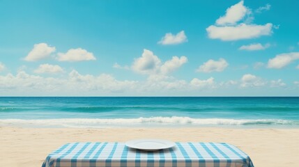 Empty plate on beach tablecloth