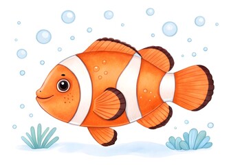 Fototapeta premium Clownfish with bubbles and sea anemones