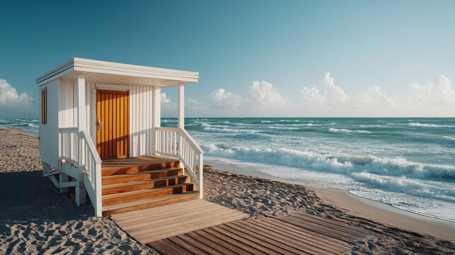 White lifeguard tower with wooden stairs on sandy beach by ocean waves under blue sky with clouds in bright sunlight - Powered by Adobe
