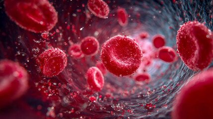 Fototapeta premium Red blood cells travel gracefully through a dynamic blood vessel, showcasing intricate biological realism. This macro view highlights their crucial role in transporting oxygen within the human body